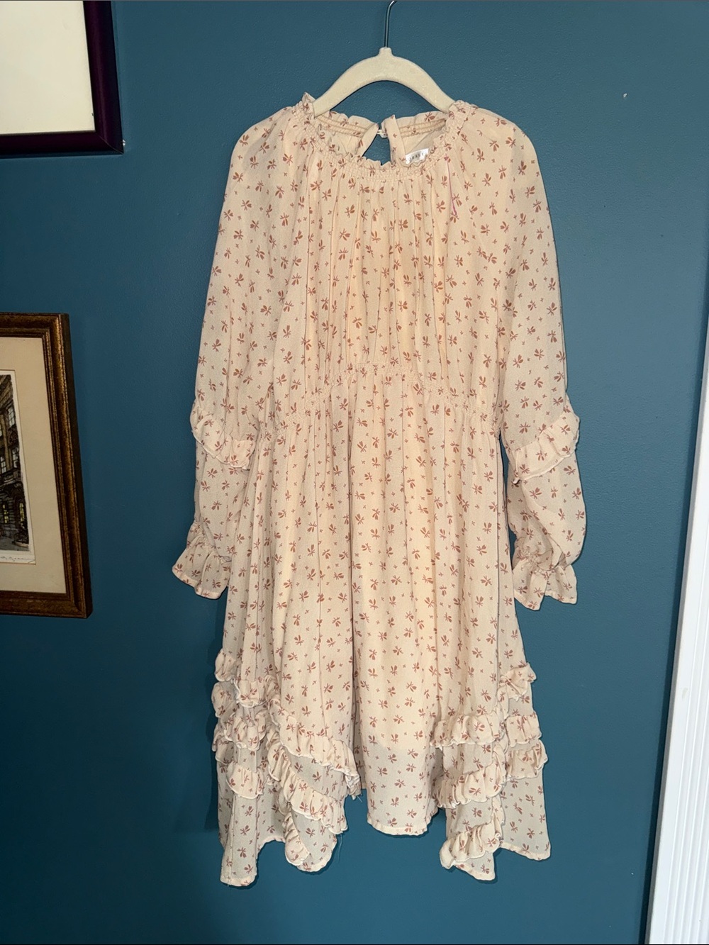 Girls Cream Floral Ruffle Dress with Long Sleeves